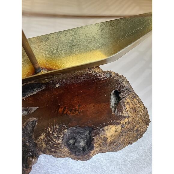 VINTAGE Yosi Mid Century Modern Brass Sailboat Sculpture on Thick Dark Burlwood - Picture 2 of 5